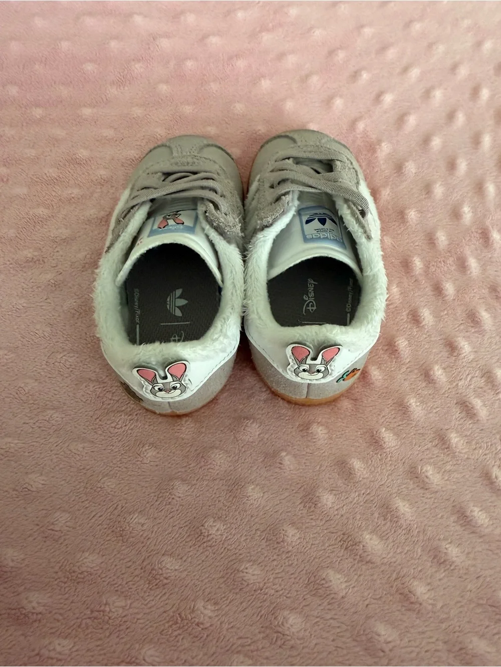 adidas Kids Light Gray Suede Sneakers with Gum Sole and Bunny Accent